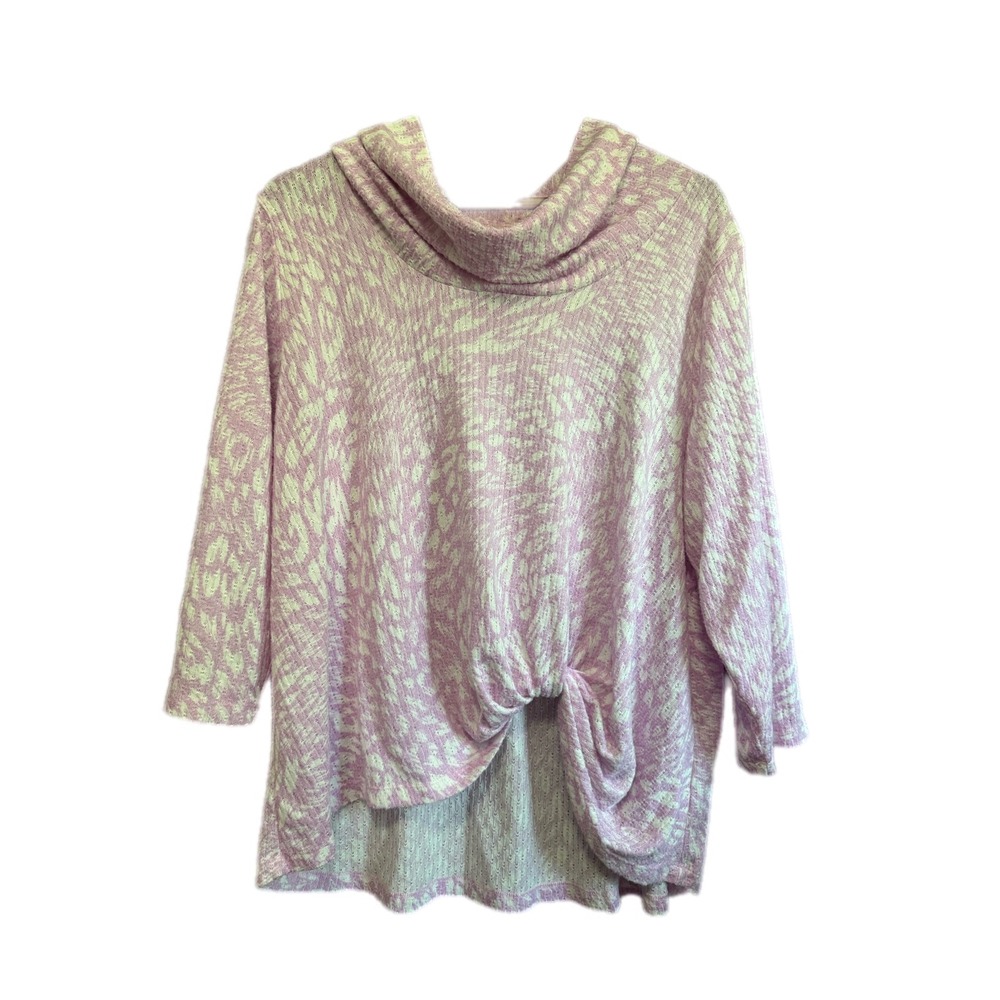 Ruby Rd. Twist Front Top Womens 2X Pink Excellent Leopard Cowl Neck Knit 3/4 Slv